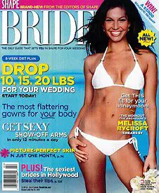 A woman in white bikini on the cover of bride magazine.